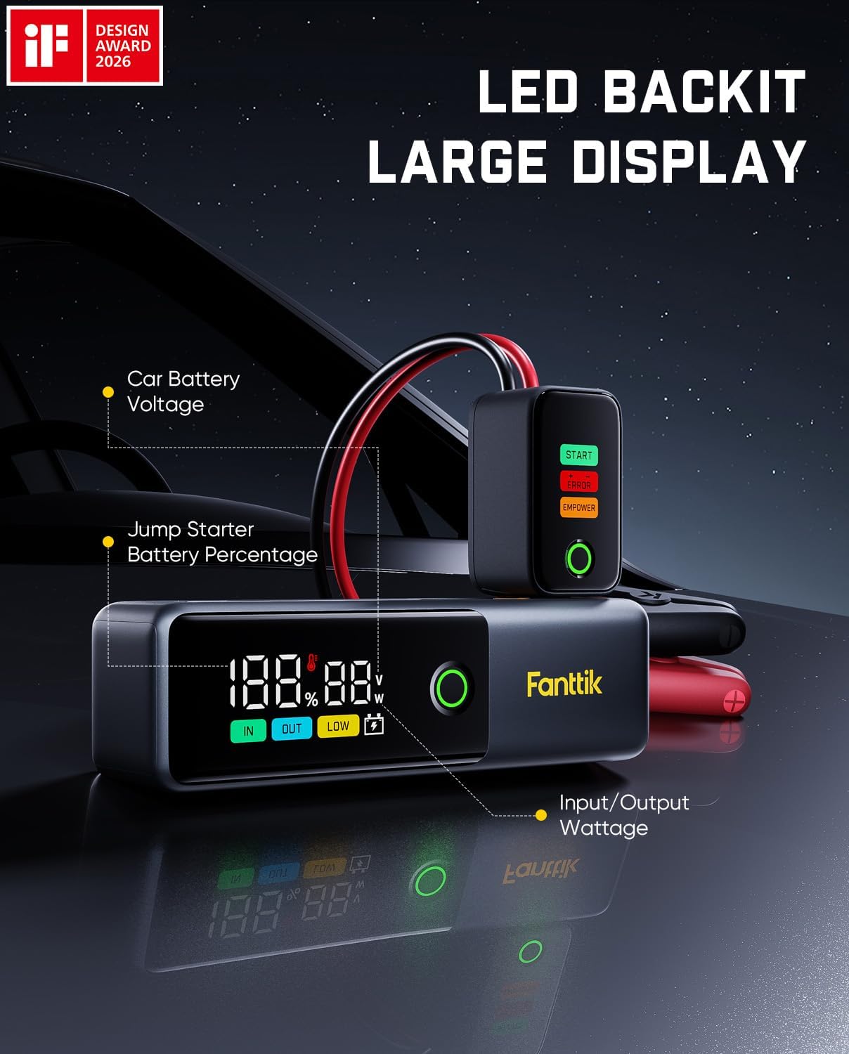 Fanttik Potent T10 1800A Portable Jump Starter for 7.0L Gas and 5.0L Diesel | 12V Safe Lithium, 12000mAh Power Bank, Retractable Charging Cable
