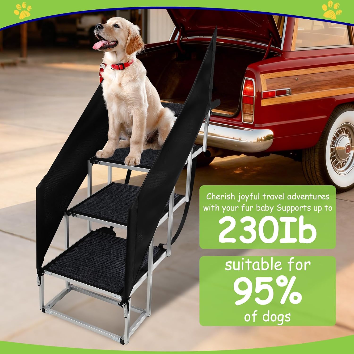 Deergym Dog Stairs for Large Dogs - 5 Step Wide 16in High 34in Foldable Dog Ramp for Car Non-Slip Surface Support up to 230lbs - Suitable for SUV,Truck, Sofas, Bed