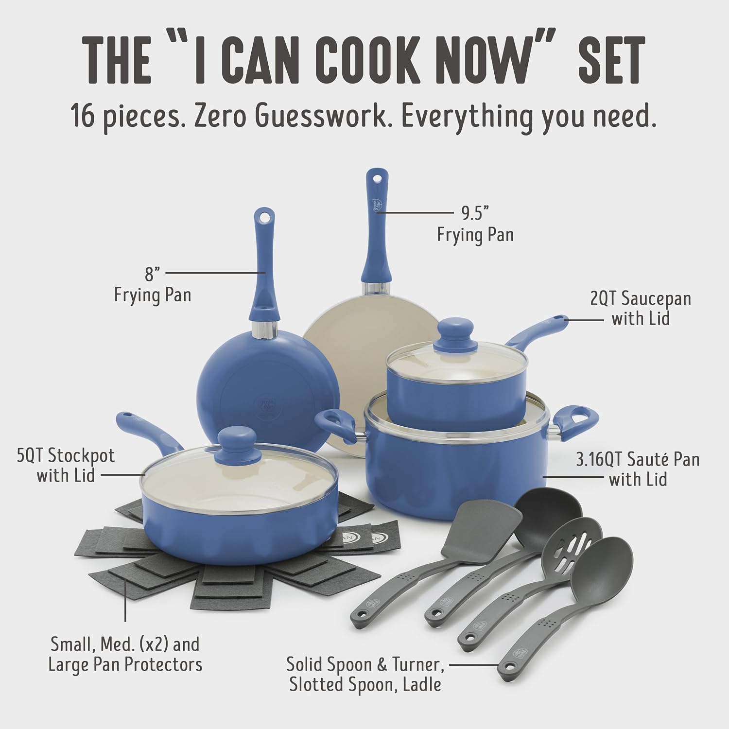 GreenLife 16 Piece Ceramic Nonstick Pots & Pans Cookware Set, Turquoise | PFAS-Free Ceramic Nonstick, Stockpot, Frying Pans, Saucepans, Sauté Pan, Stay-Cool Handles, Dishwasher & Oven Safe up to 350F