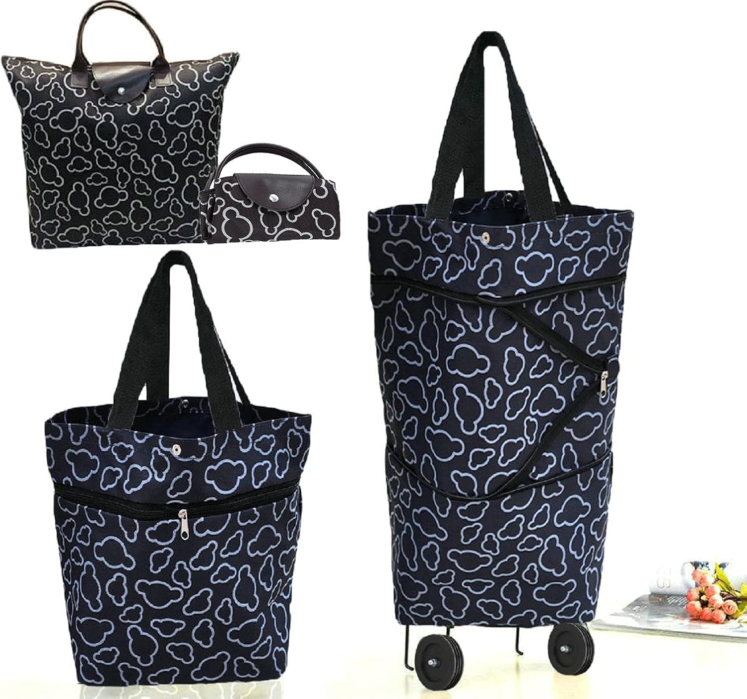 Collapsible Shopping Bag with Wheels Portable Shopping Cart with 360° Swivel Wheels Rolling Tote Bag Reusable Grocery Bag Trolley Bag on Wheels for Travel Shopping and Daily Use(Blue)