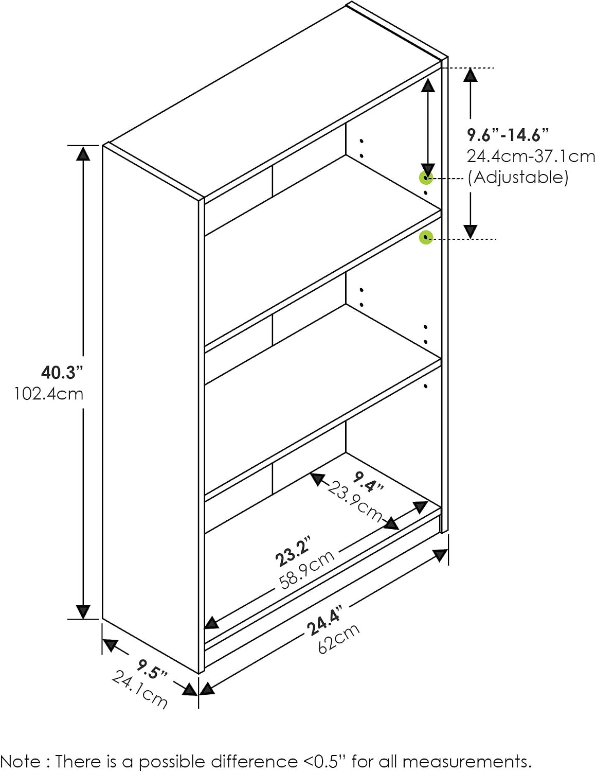 Furinno Jaya Book Shelf, 3-Tier Bookshelf, Bookcase with Adjustable Shelves, 9.5 x 24.5 x 40.3, for Organization and Storage, for Living Room, Bedroom, Home Office, White
