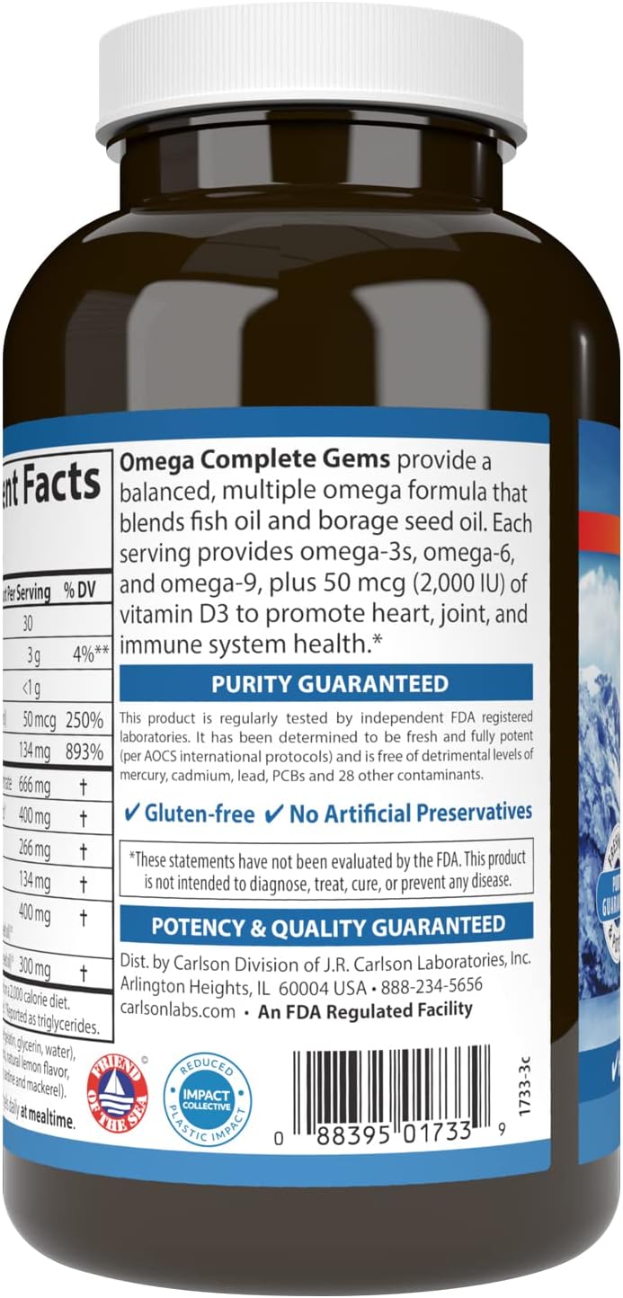 Carlson Elite Omega-3 Gems, 1600 mg, from Norway, Lemon, 90 + 30 Softgels | Omega-3 Fatty Acids Including EPA and DHA; Wild-Caught Fish Oil Supplement; Sustainably Sourced Omega 3 Fish Oil Capsules