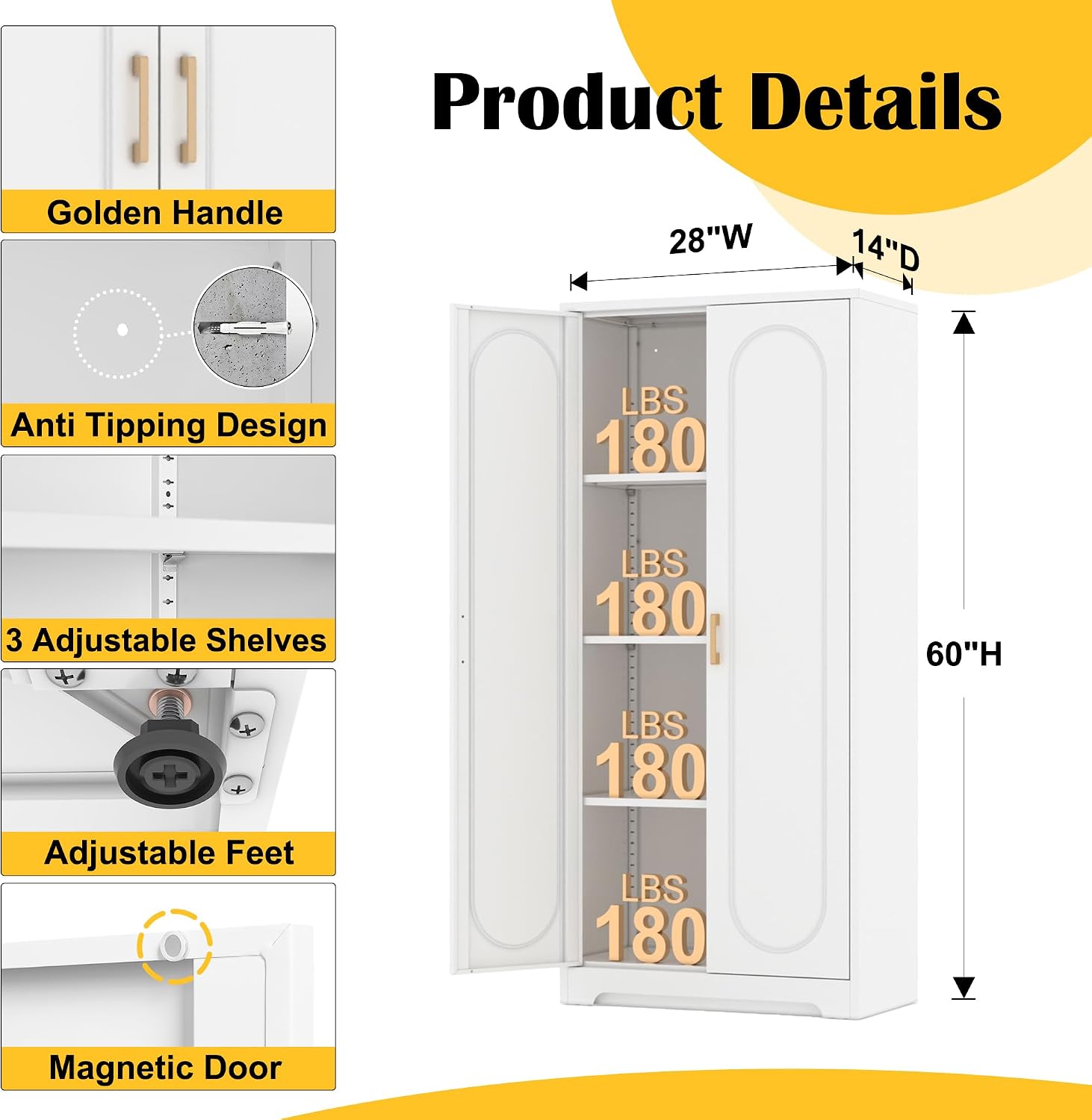 Steeloong 71"Metal Pantry Storage Cabinet with Doors & 4 Adjustable Shelves | Kitchen Pantry Cabinet,White Kitchen Cabinet with 2 Gold Handles,Tall Cabinet for Livingroom,Pantry, Bathroom,Kitchen