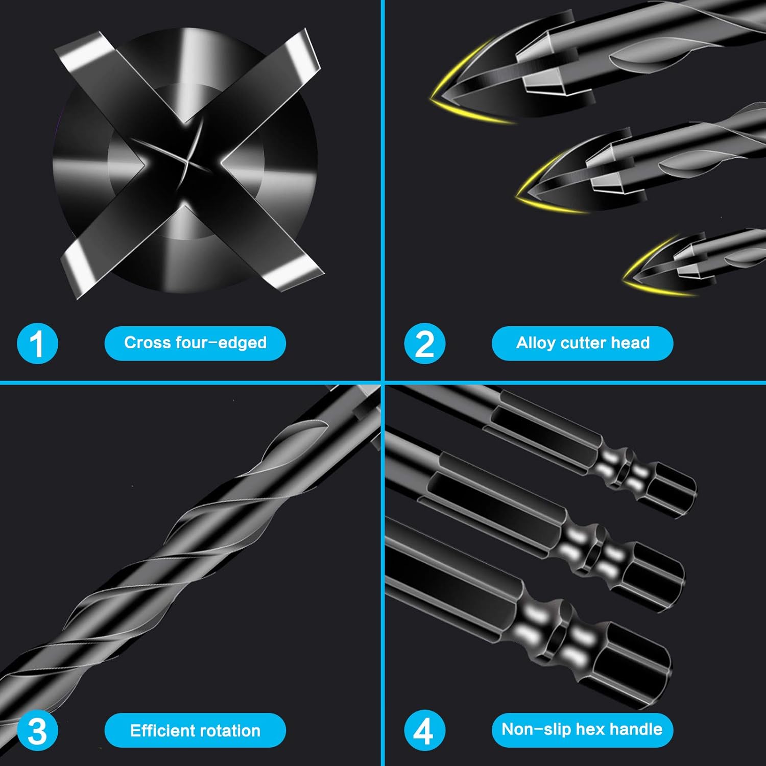10-Piece Masonry Drill Bit Set for Concrete Tile Glass Ceramic Brick, 1/8 to 1/2 Inch Drilling Bits with Triangle Handle