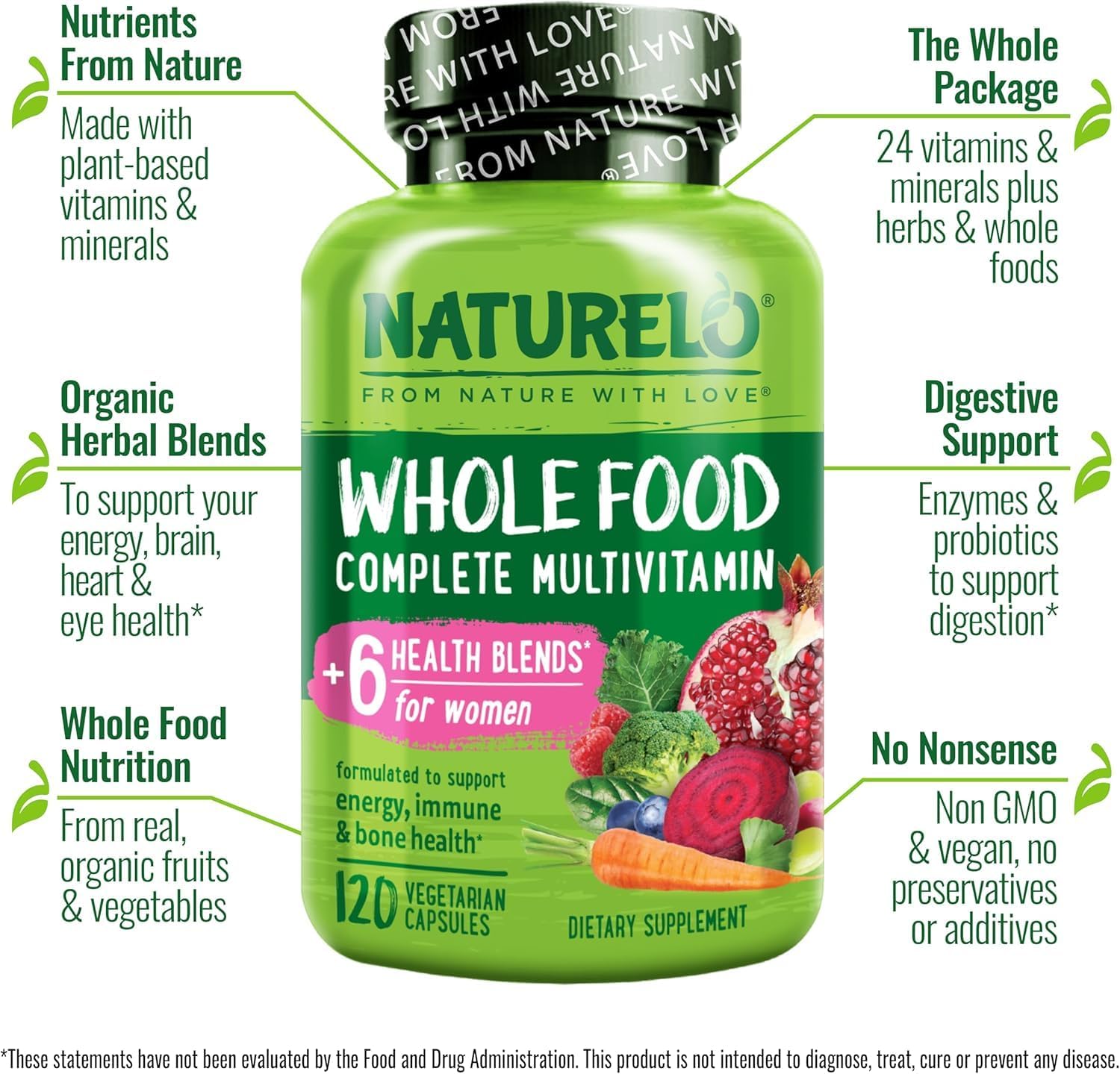NATURELO Whole Food Multivitamin for Women - with Vitamins, Minerals, & Organic Extracts - Supplement for Energy and Heart Health - Non GMO - 120 Vegan Capsules | Women's Multivitamins with Vitamins, Minerals, Organic Extracts for Energy and Heart Health…