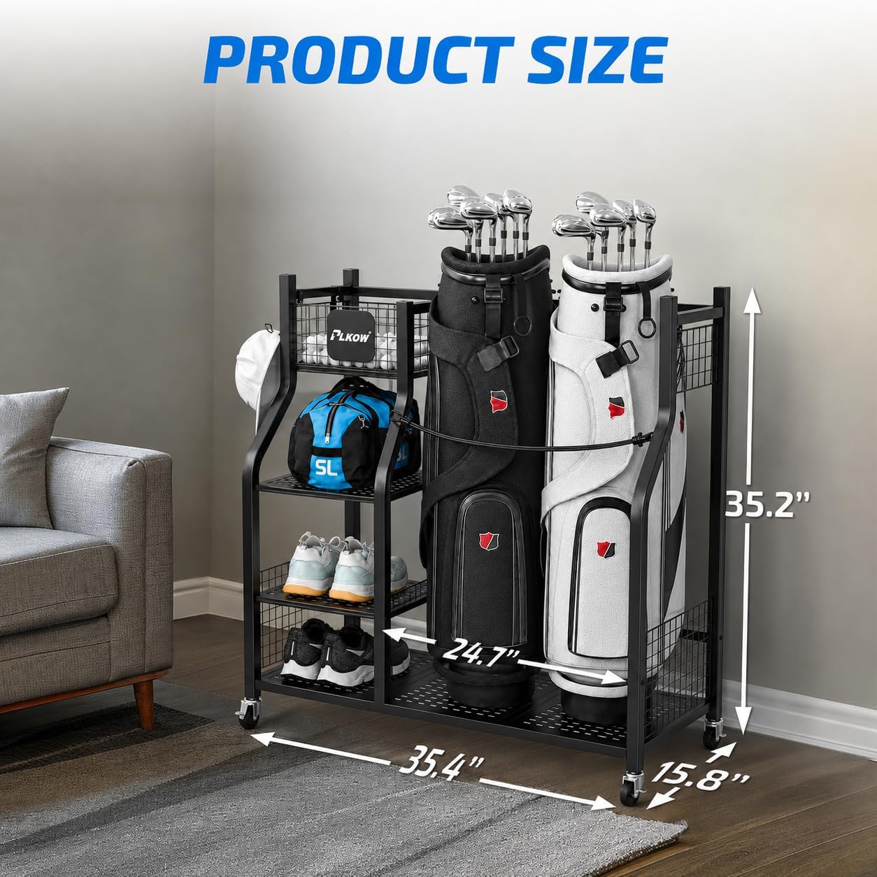 PLKOW Golf Bag Storage Garage Organizer, Extra Large Size Golf Bag Storage Stand and Golf Equipment Rack for Garage,Shed, Basement