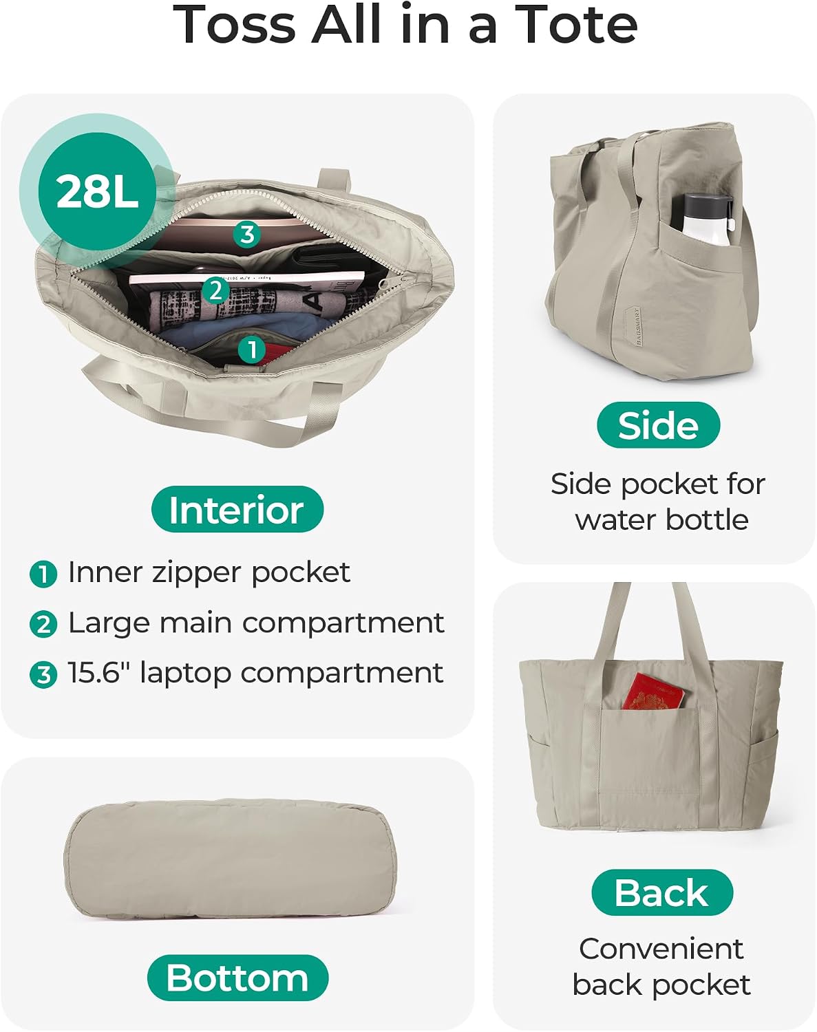 BAGSMART Gym Tote Bag for Women, 24L/28L Travel Tote Yoga Mat Bag