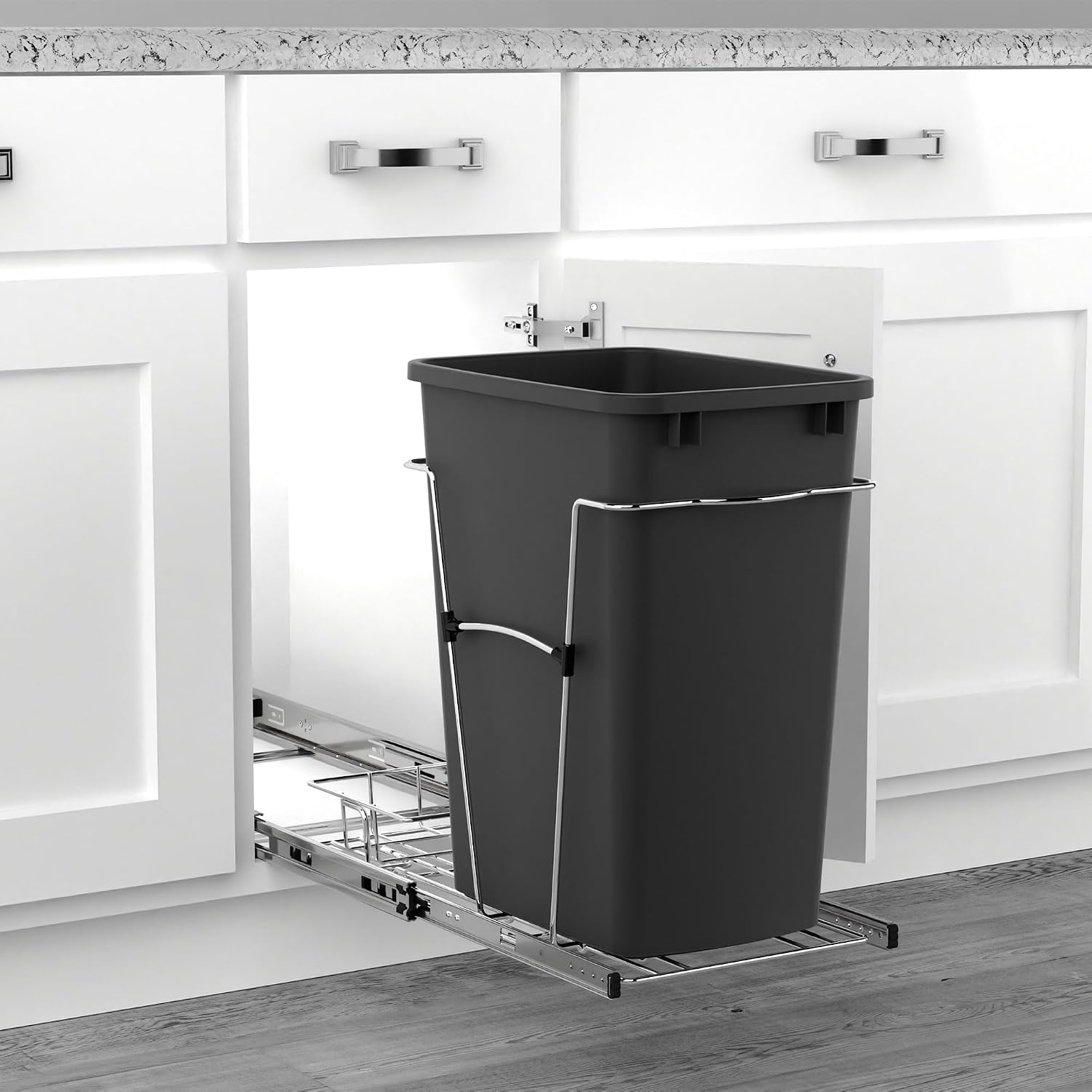 Rev-A-Shelf Pullout Trash Can for Kitchen Cabinets, Black Waste Bin, 35 Qt | Large Capacity Garbage/ Recycling Waste Container, Heavy Gauge Metal Wire Construction w/Full Extension Slides, RV-12KD-18C S