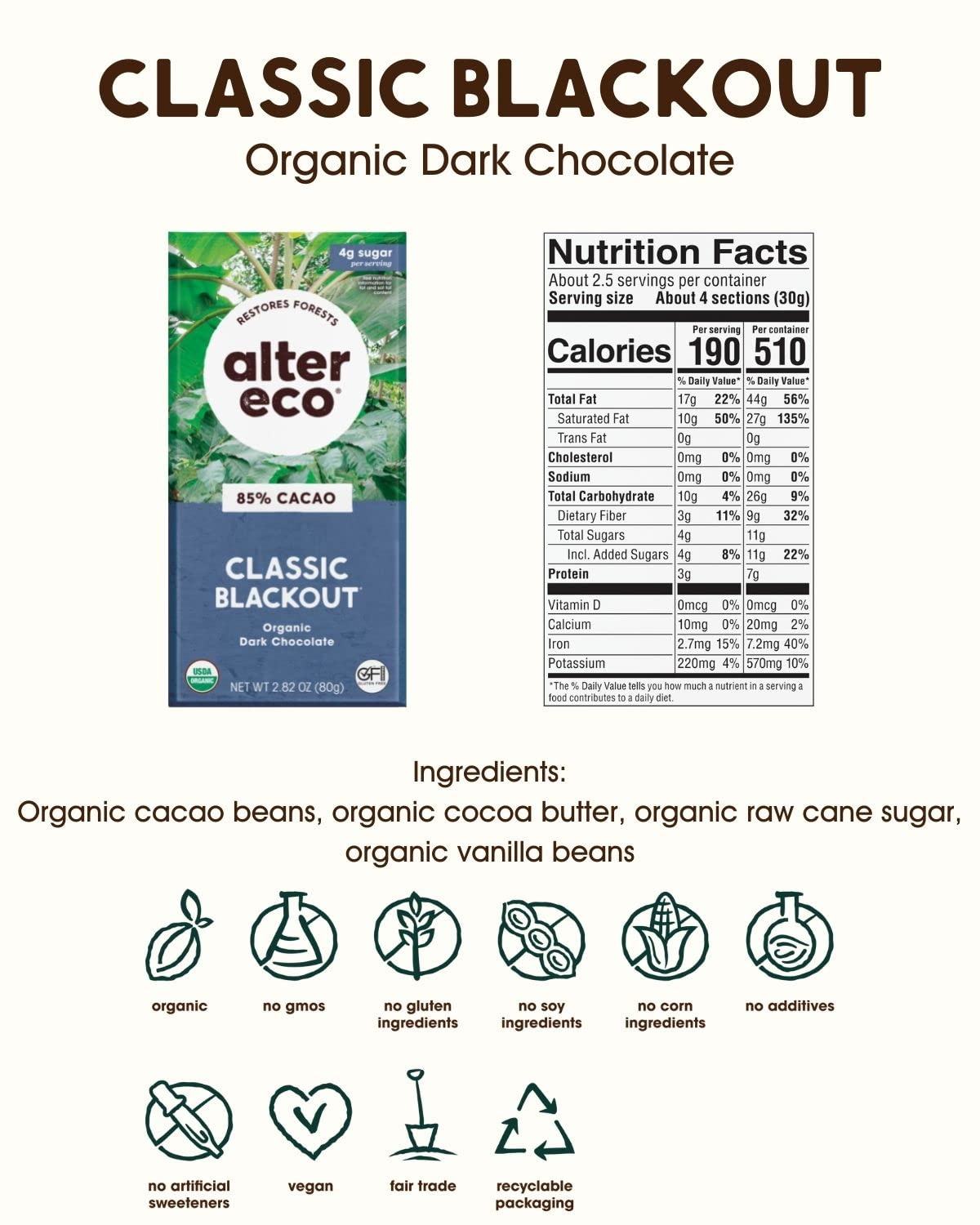 Alter Eco | Classic Blackout | 85% Pure Dark Cocoa, Fair Trade, Organic, Non-GMO, Gluten Free Dark Chocolate Bar, 12 Bars