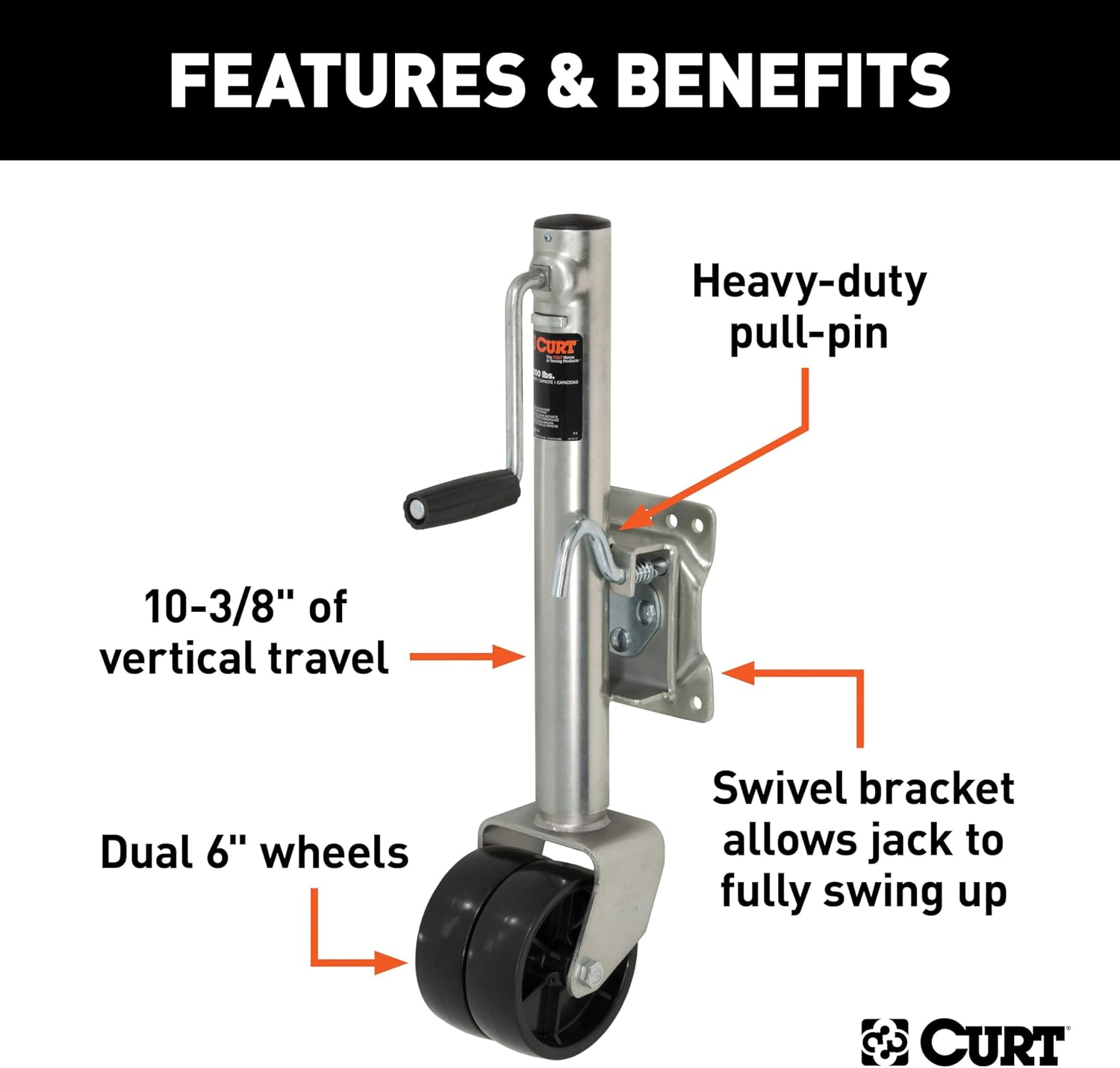 CURT 28155 Marine Boat Trailer Jack with 6-Inch Wheels, 1,500 lbs., 10-3/8 Inches Vertical Travel