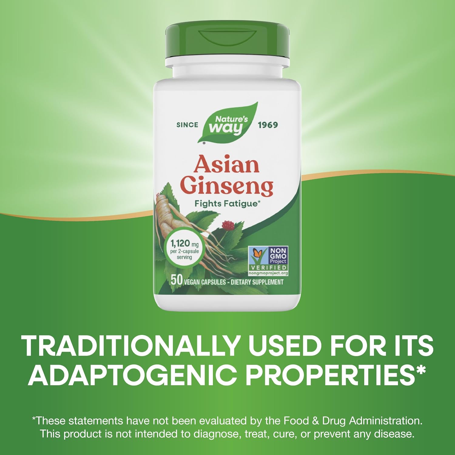 Nature's Way Asian Ginseng, Fights Fatigue*, 1,120mg per Serving, 100 ct | Dietary Supplement, Non-GMO Project Verified, Vegan Capsules