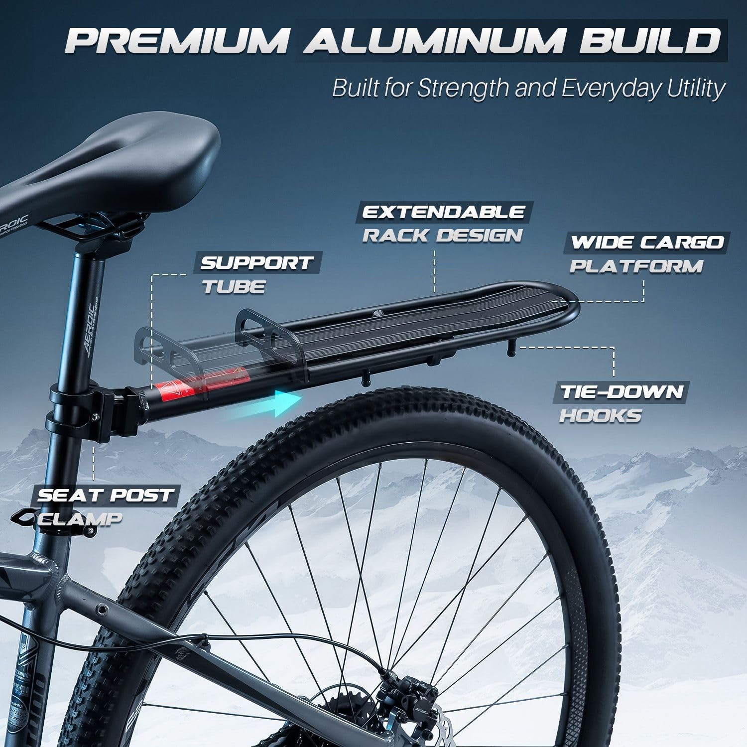 Flexzion Bike Cargo Rack, Adjustable Aluminum Rear Rack, 20 lb, Black | Bike Luggage Rack with Seat Post Mount, Extendable Platform