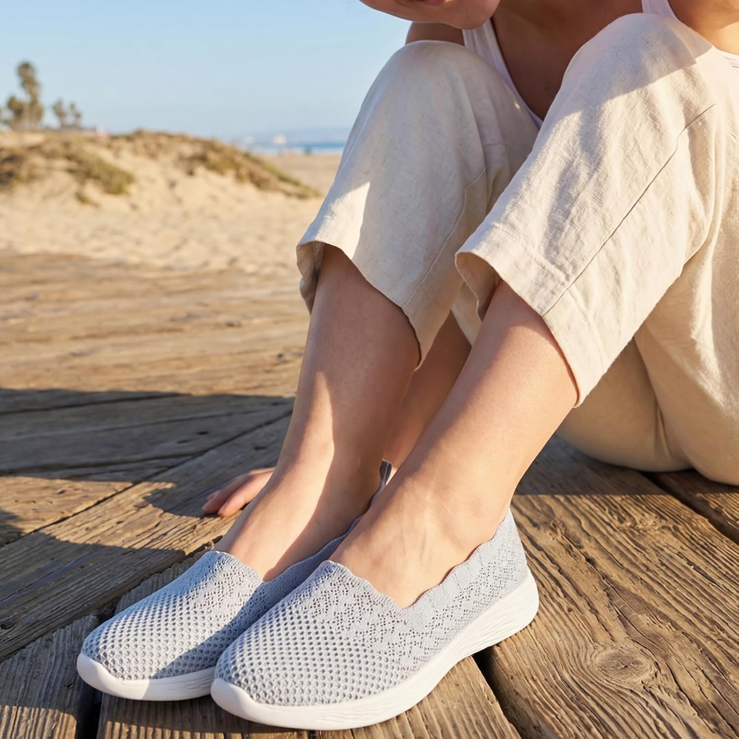 poemlady Women's Walking Shoes Slip On Knit Mesh Loafers Round Toe Flat
