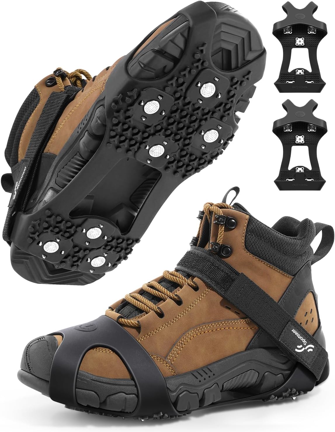 Sportneer Crampons： Ice Cleats for Shoes and Boots with 28 Spikes - Traction Slip-on Stretch Footwear for Walking and Shoveling on Ice and Snow - Lightweight for Women and Men