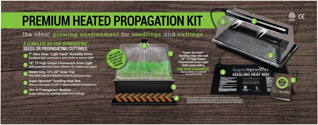 Super Sprouter Premium Heated Propagation Kit for Starting Seeds or Cuttings, Includes Heat Mat, Tray, Grow Light, and More