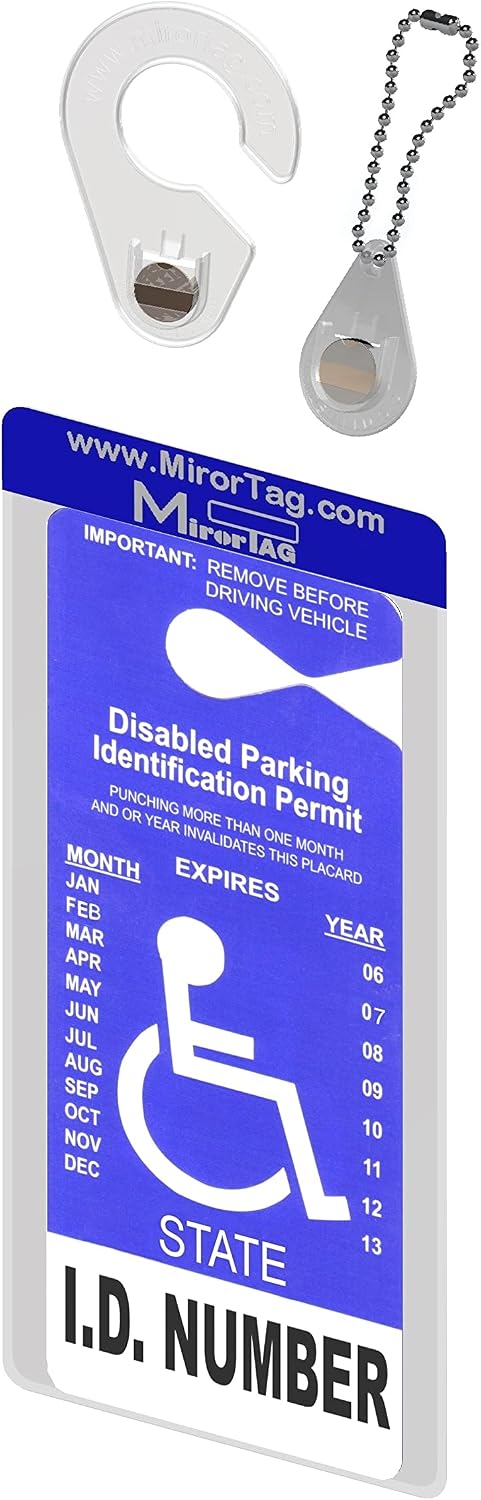 Mirortag™ Holder with Hook & Charm Options- Handicap Placard Holder. Easily Protect