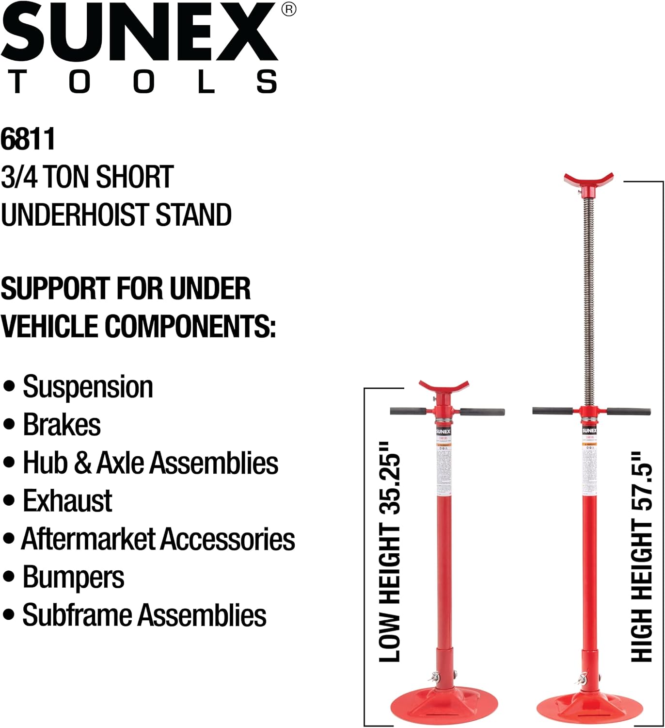 SUNEX TOOLS 6810A, Underhoist Support Stand with Foot Pedal, ¾ Ton Capacity, Large Base, Bearing Mounted Spin Handle, Height Adjustment Under Load, Lightweight, Supports Vehicle Components Only