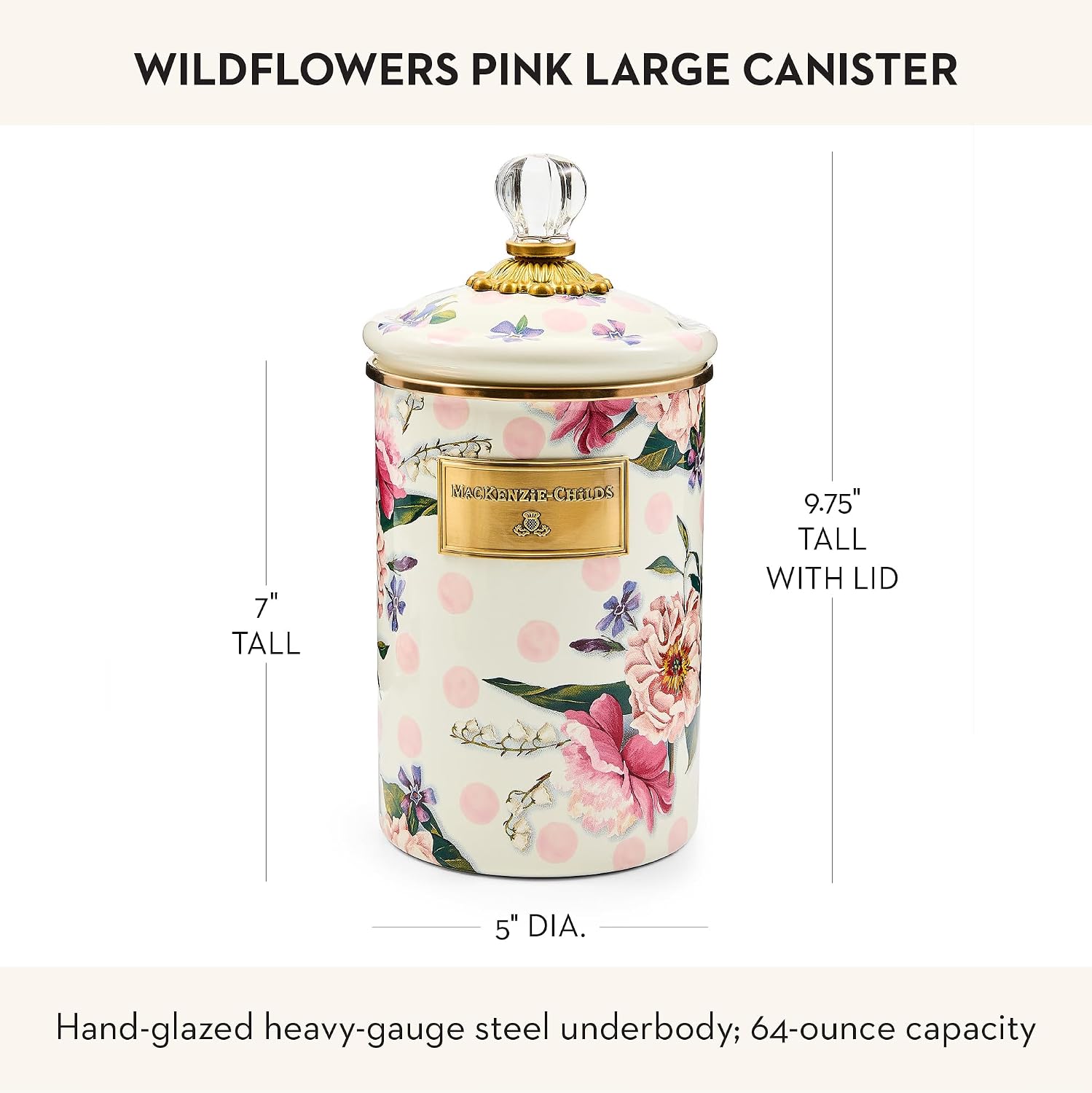 MACKENZIE-CHILDS Enamel Canister, Large, White Butterfly Garden | Hand-applied design, made from enameled steel, versatile kitchen storage container for flour and sugar, 64-ounce capacity