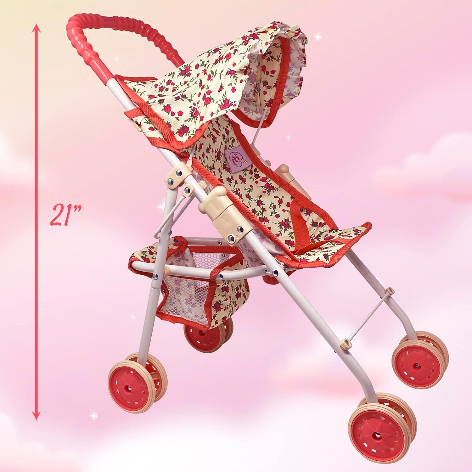 The New York Doll Collection My First Doll Stroller with Basket & Heart Design Foldable Doll Stroller, Pink