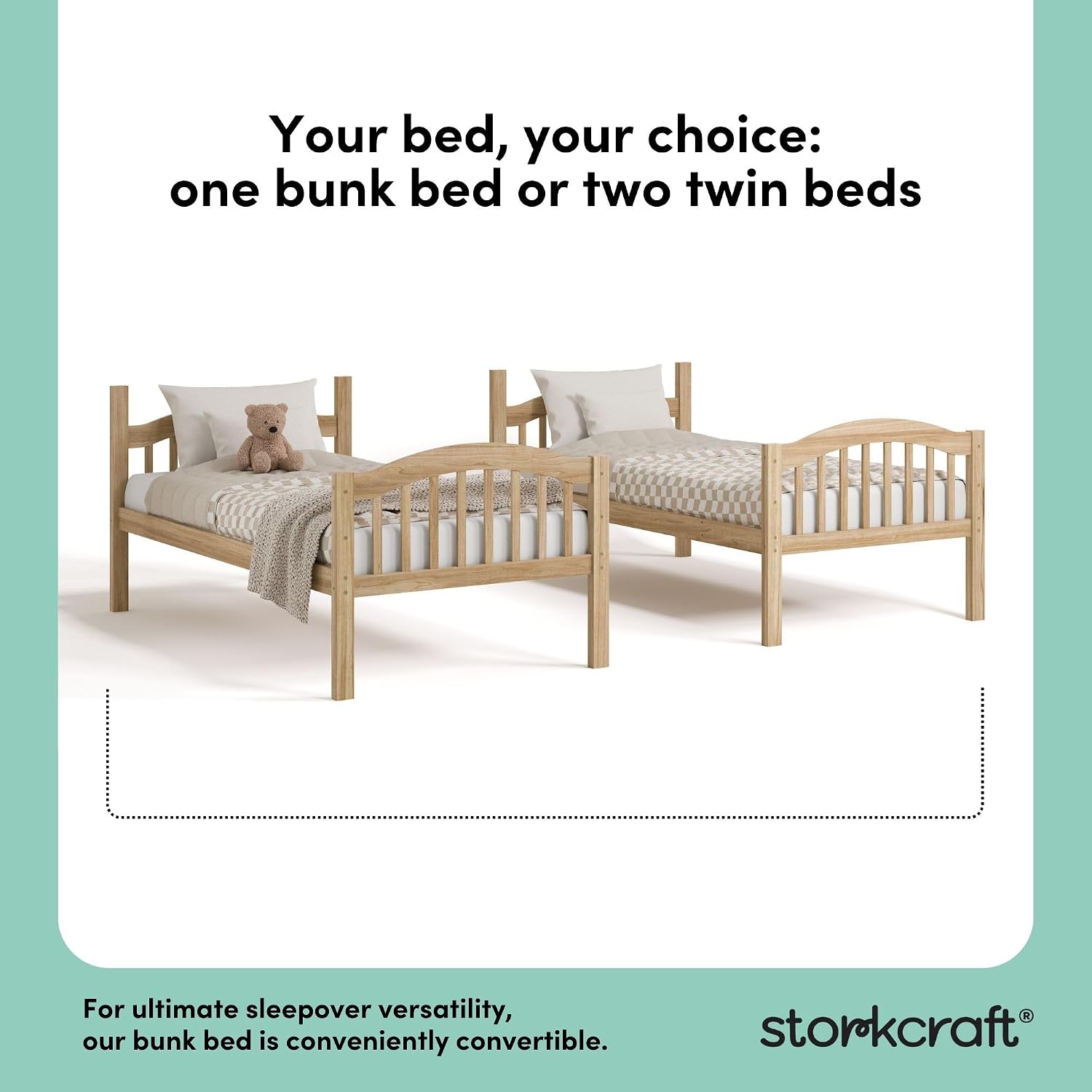 Storkcraft Long Horn Twin-Over-Twin Bunk Bed, White | GREENGUARD Gold Certified, Converts to 2 Individual Twin Beds, Wood Bunk Bed for Kids Bedroom, No Box Spring Required