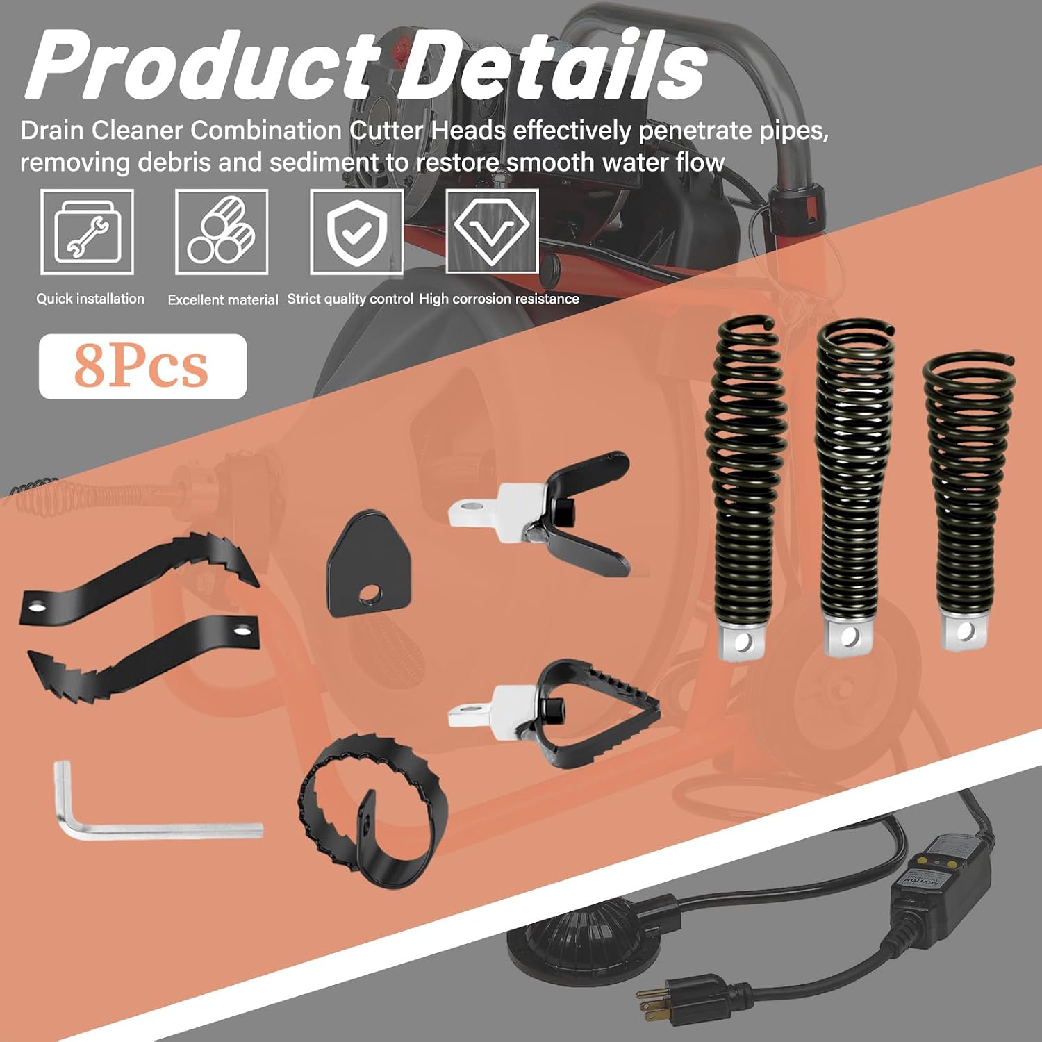 8Pcs Drain Snake Drill Attachment Cutter and Auger Kit Fit for 5/16-inch to 3/4-inch Drain Snake, Used in 50-100FT AC Drain Cleaning Machine