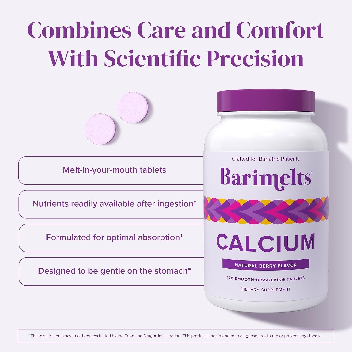 BariMelts Calcium Citrate with Vitamin D3 & Magnesium, 120 Smooth-Dissolving Tablets (1-Month Supply), Bariatric Calcium Supplements for Women, Natural Berry Flavor​