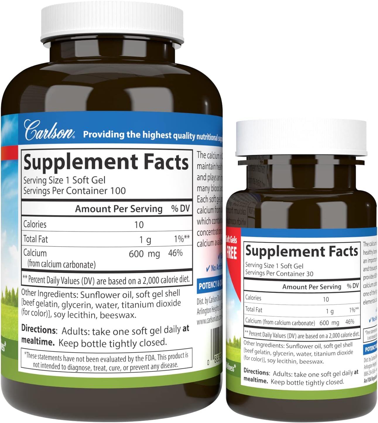 Carlson Cal-600, 600 mg, Calcium, Liquid Filled, 100 + 30 Softgels | Bone Support; Healthy Teeth; Optimal Wellness