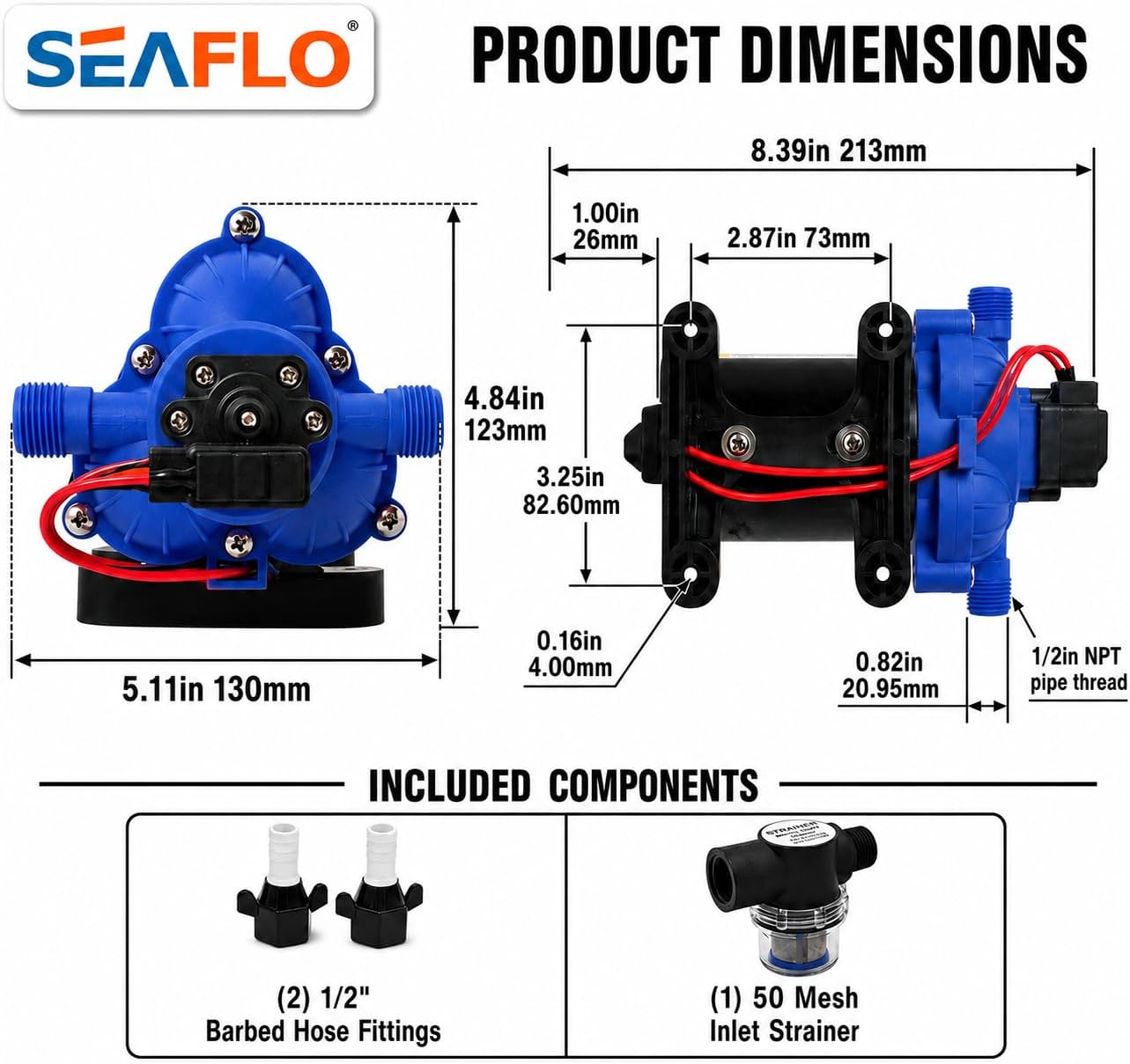 SEAFLO 55 Series 12V RV Water Pump 5.5 GPM 60 PSI Diaphragm Pump Heavy Duty Pressure Switch Built In Bypass Self Priming Quiet High Flow RV Marine Off Grid Freshwater System 4-Year Warranty