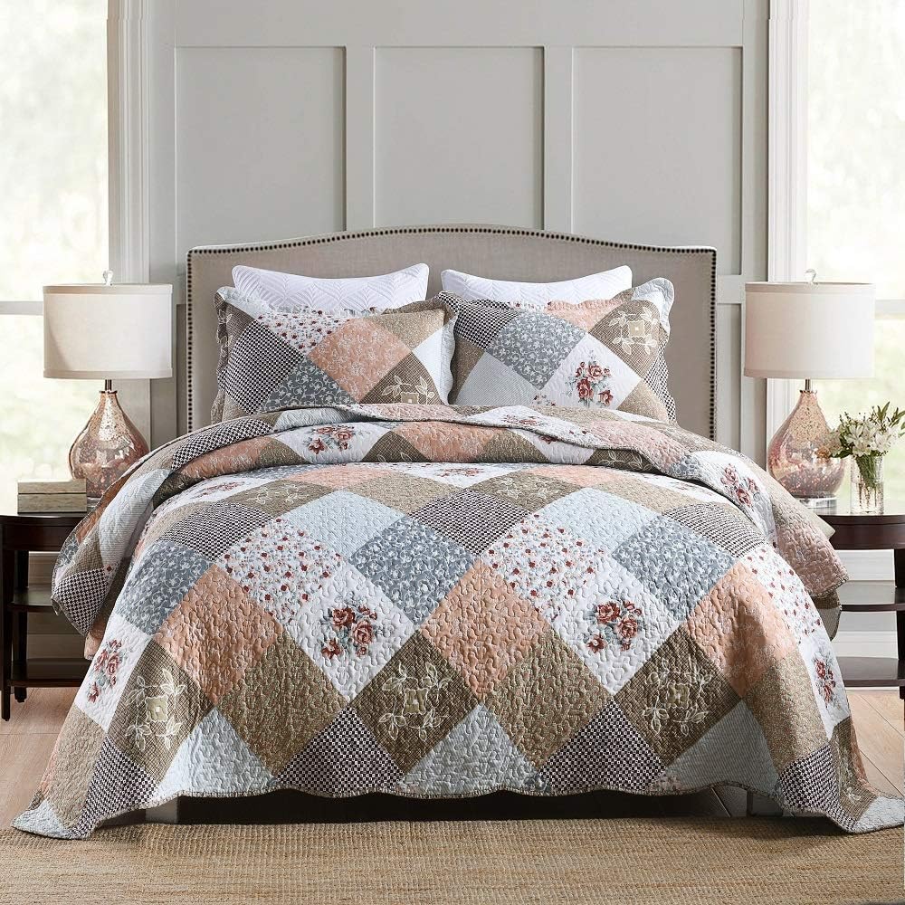 Travan Queen Quilt Set 3-Piece Bedspread Quilted Oversized Lightweight Microfiber Coverlet Set with Shams Violet Purple Floral Pattern Quilted