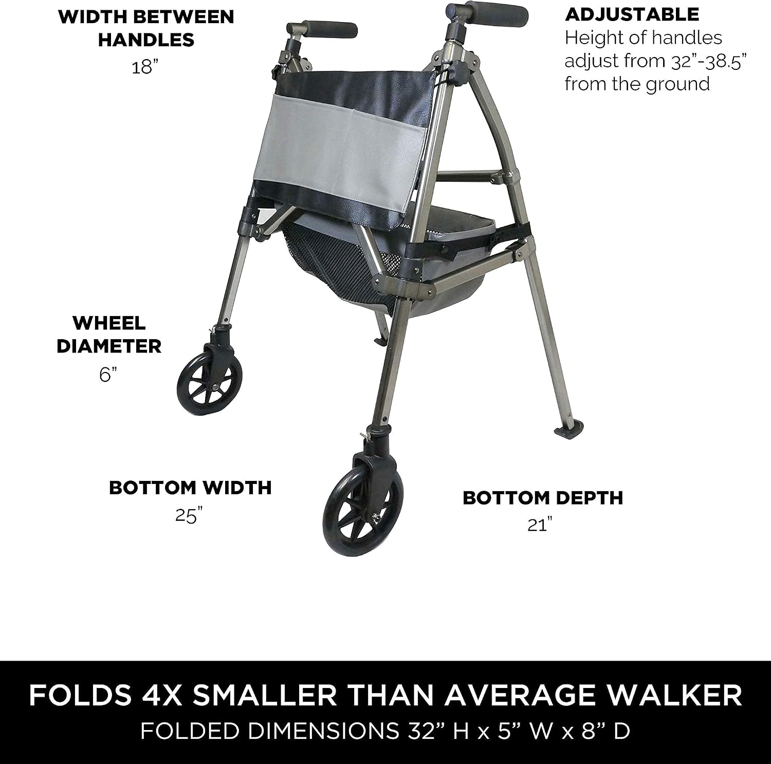 Signature Life Elite Travel Walker, Lightweight Folding Rolling-Walker with Swivel Wheels for Adults, Seniors, and Elderly, Compact Narrow Walking Aid, Height Adjustable with Ski Glides and Pouch