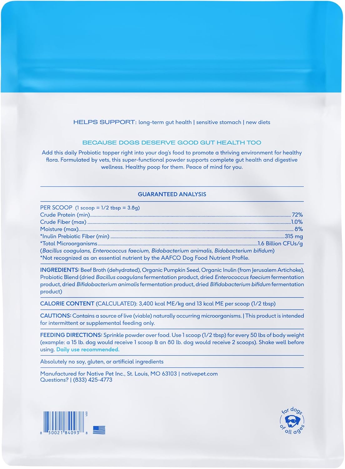 Native Pet Probiotics for Dogs – Dog Probiotic Powder for Gut & Digestive Health, Vet-Formulated 6B CFUs Dog-Specific Probiotic Strains