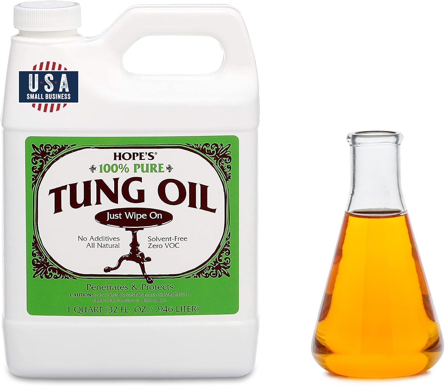 HOPE'S 100% Pure Tung Oil, Food Safe, Premium Waterproof Natural Wood Finish and Sealer for Indoor and Outdoor Projects, 32 Fl Oz