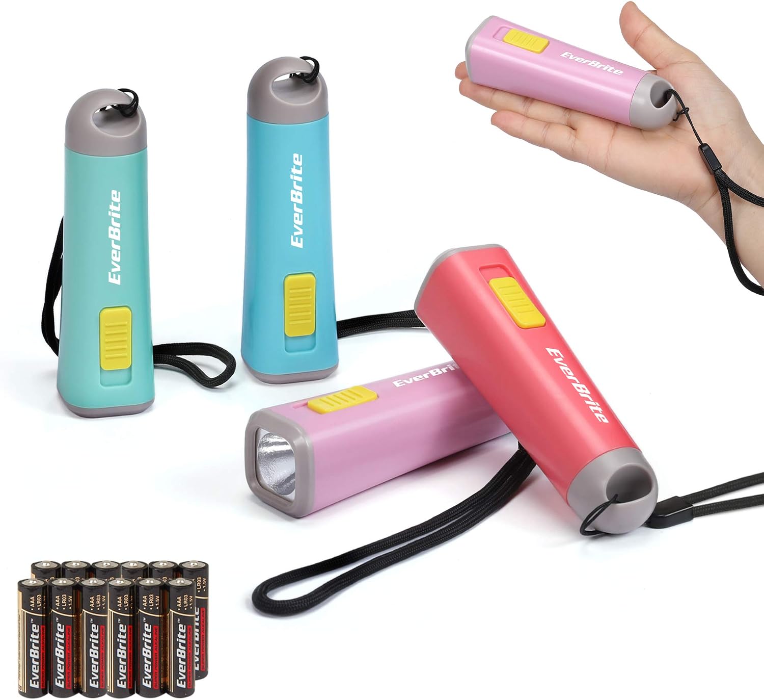 EverBrite Mini Flashlights 6-Pack Mix Colors, Batteries Included | Small, Lightweight, 18 AAA Batteries, 6-Color Set, 9-LED, Wrist Lanyards, for Home, Camping & Emergency use, Holiday Gifts