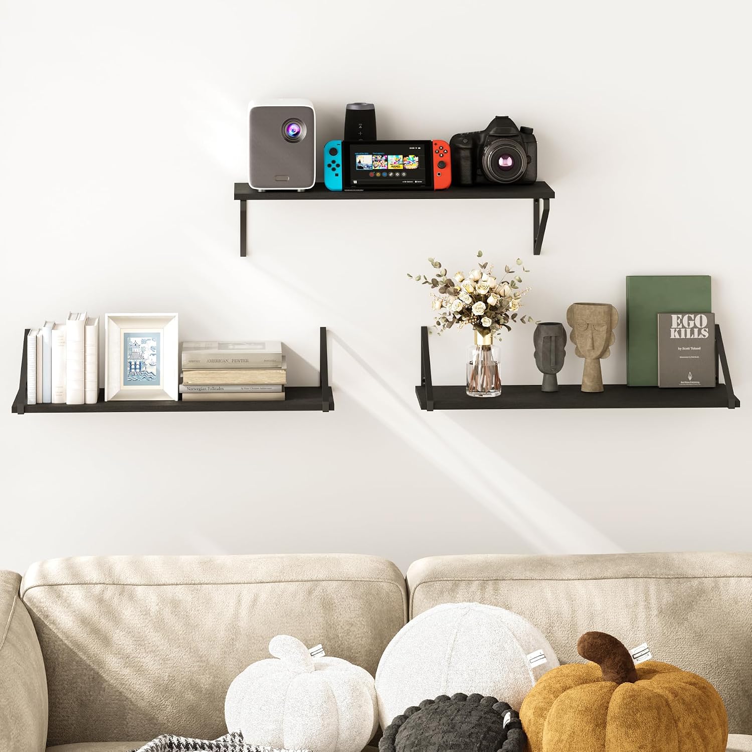 BAMEOS Floating Shelves Rustic Wood Wall Shelf, Small Bookshelf for Living Room, Office, Bedroom, with Metal Bracket