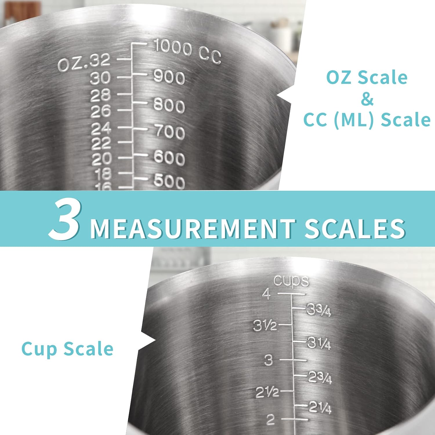 Newness Stainless Steel Measuring Cup, Metal Measuring Cup with Handle (Upgraded, 3 Marking Including Cup/ML/Ounce Scale), 16 Ounces (0.5 Liter, 2 Cup)