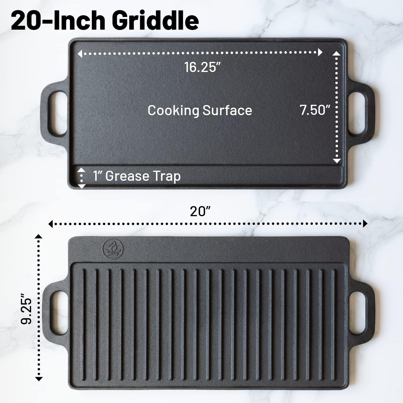 20 x 9 inch Large Reversible Seasoned Cast Iron Grill / Griddle