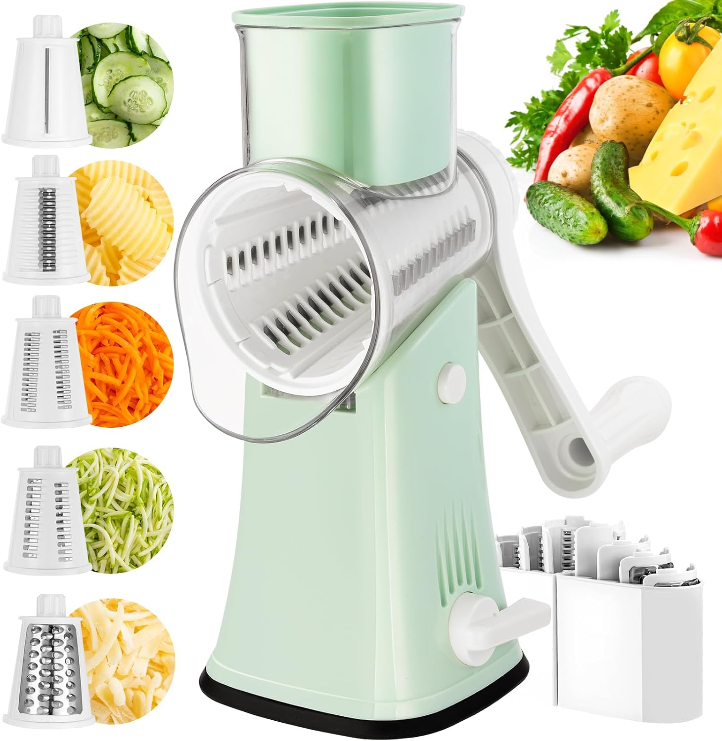 5 in 1 Rotary Cheese Grater Hand Crank, Cheese Shredder with Handle