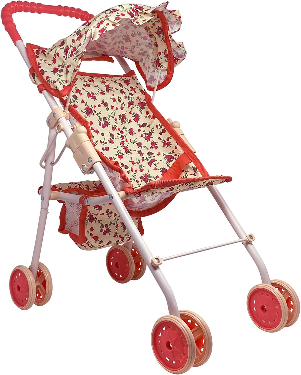 The New York Doll Collection My First Doll Stroller with Basket & Heart Design Foldable Doll Stroller, Pink