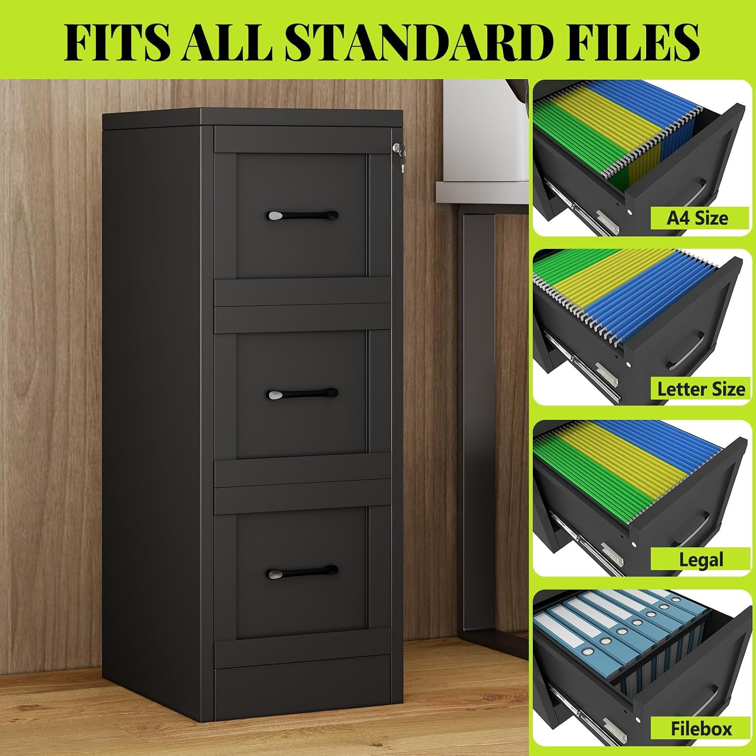 3 Drawer File Cabinet, Office Mobile Filing Cabinet, Printer Stand | All-in-One Office Storage, 3 Storage Drawers, 2 Adjustable Shelves, Lockable Cabinet, 4 Casters, 46.5-Inch Top