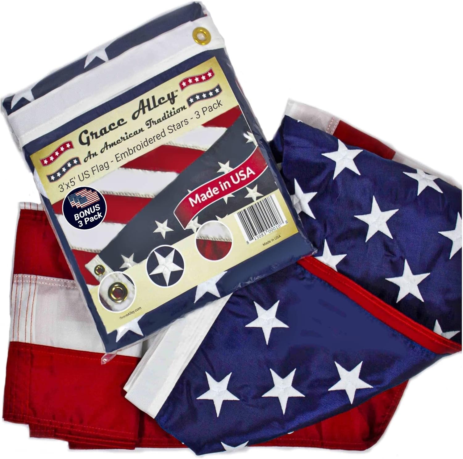 Grace Alley American Flag: 5x8 FT US Flag - 100% Made In USA - Embroidered Stars and Sewn Stripes and Brass Grommets