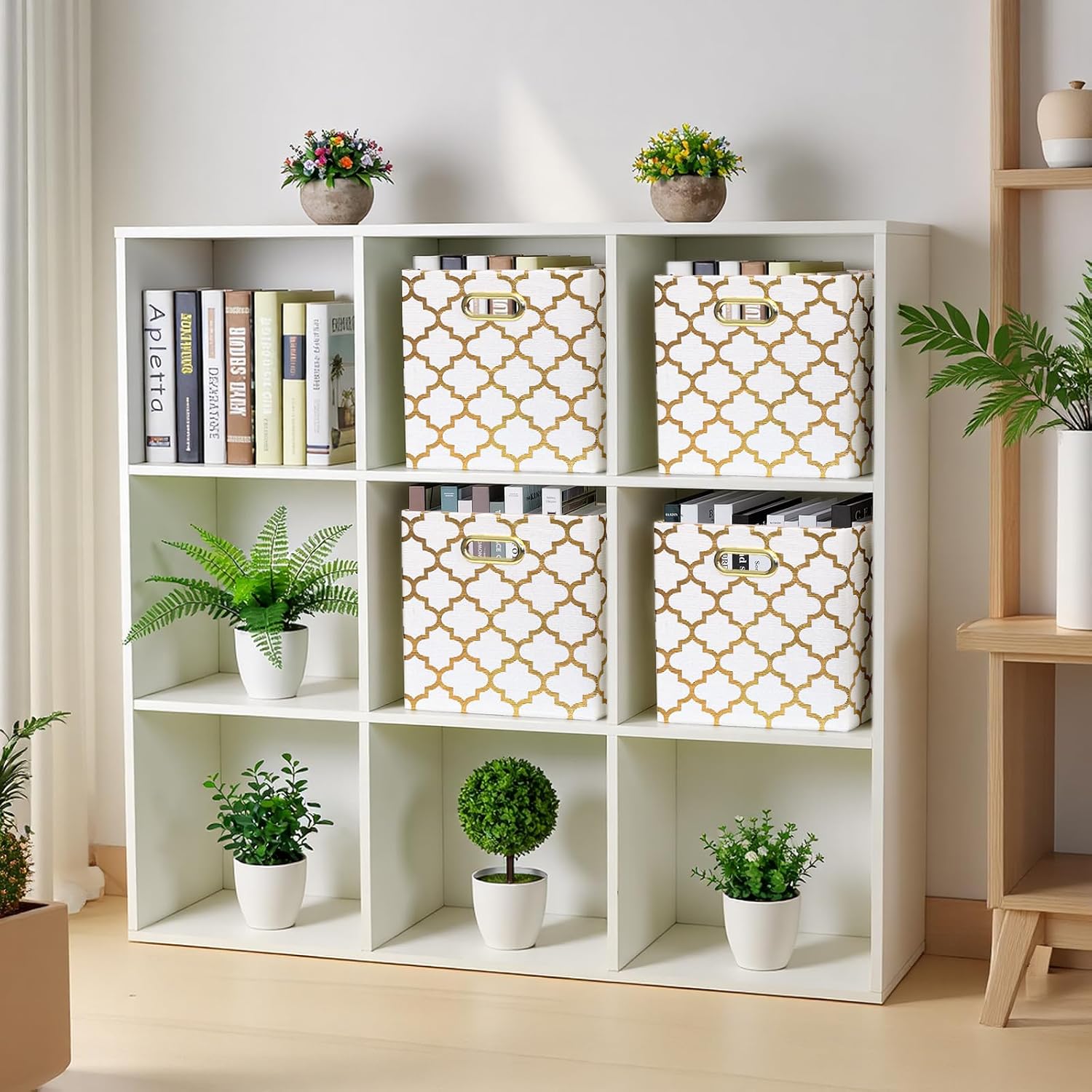 Posprica Storage Bins, Storage Cubes,13×13 Fabric Drawers Organizer Basket Boxes Containers (13×13×13/4pcs, Cream/gold geometry Pattern)