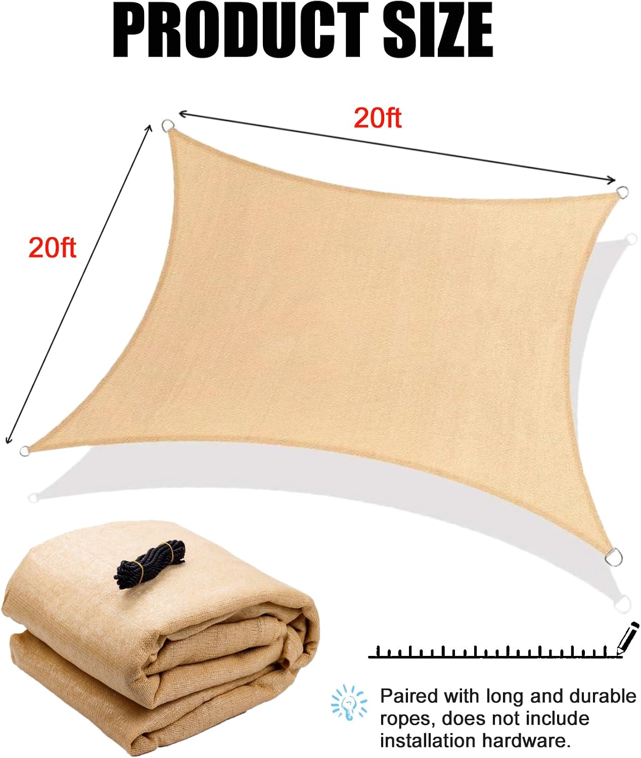 20'x20' Sun Shade Sail, Square Desert Sand Outdoor Canopy, Awning Shelter | Fabric Cloth Screen with UV Protection Sun Shades for Patio, Garden