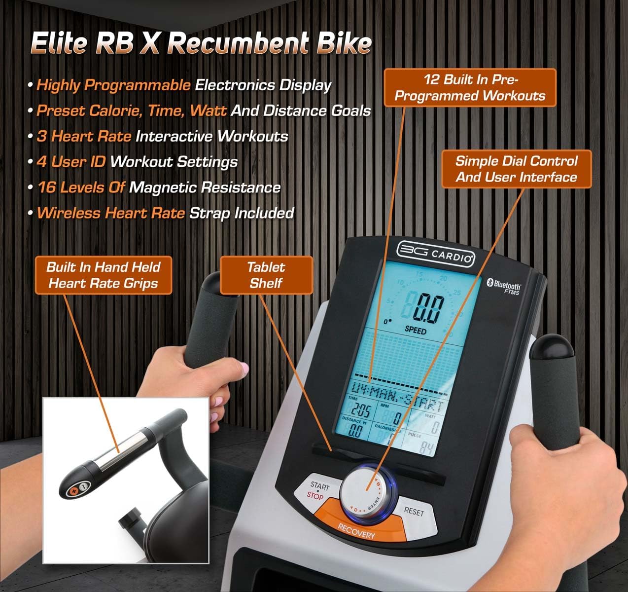 Elite RB X Recumbent Exercise Bike - FreeSync FTMS Bluetooth Smart App Connectivity - Compact 49" (L) - Oversized Soft 4-Way Adj. Seat - 350 lb Cap.