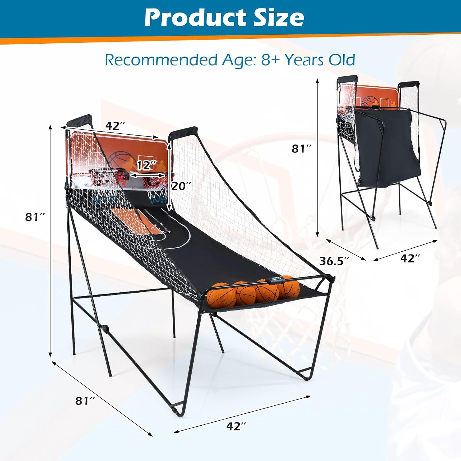 GYMAX Arcade Basketball Game Indoor Foldable with 8 Game Modes, Arcade Sound, 4 Balls and Inflation Pump, Electronic Basketball Games for All Ages Home