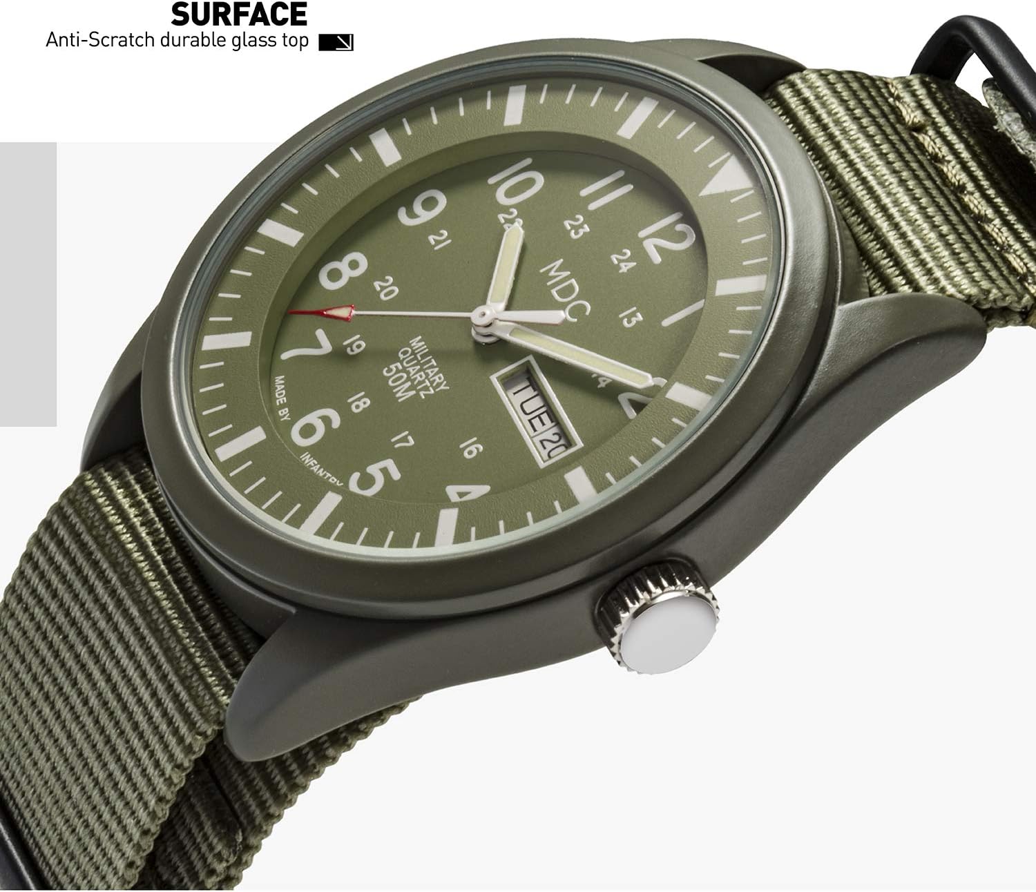 Infantry Mens Military Field Watch, Vietnam Style, 12/24H, Green Nylon Band