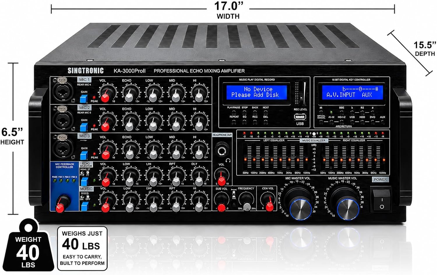 Singtronic KA-3000ProII 3000W Professional Karaoke Mixing Amplifier | DJ/KJ Console with HDMI ARC, 8-Band EQ, USB Recording, Bluetooth, Optical Input