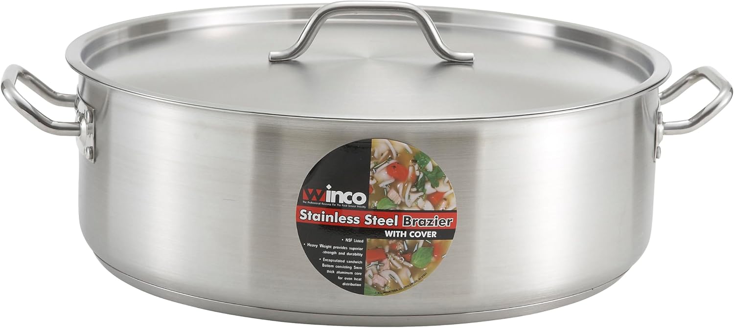 Winco 15 qt Stainless Steel Brazier Pan with Lid | Flat bottom, Wide base, Riveted handles, Induction safe, Great for Braising, Simmering, Batch Cooking and Restaurant Kitchens