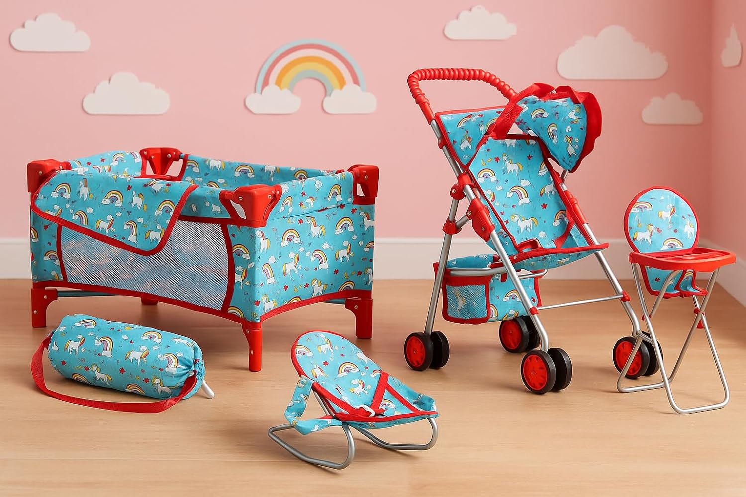 fash n kolor 4 Piece Baby Doll Play Set Flower Design Includes - Foldable Pack N Play, Baby Doll Stroller, Baby Doll High Chair, Infant Seat, Fits Up to 18'' Doll 4 Piece Doll Accessories Set