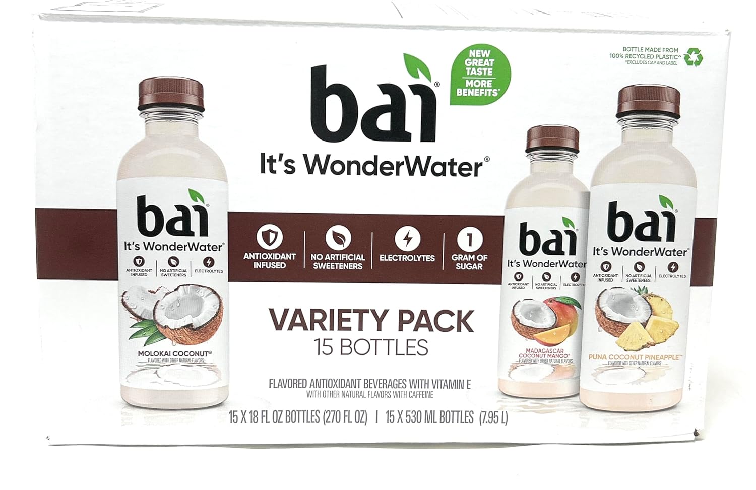Bai WonderWater Coconut Variety Pack, 18oz bottles - pack of 15 (Molokai Coconut, Madagascar Coconut Mango, Puna Coconut Pineapple)