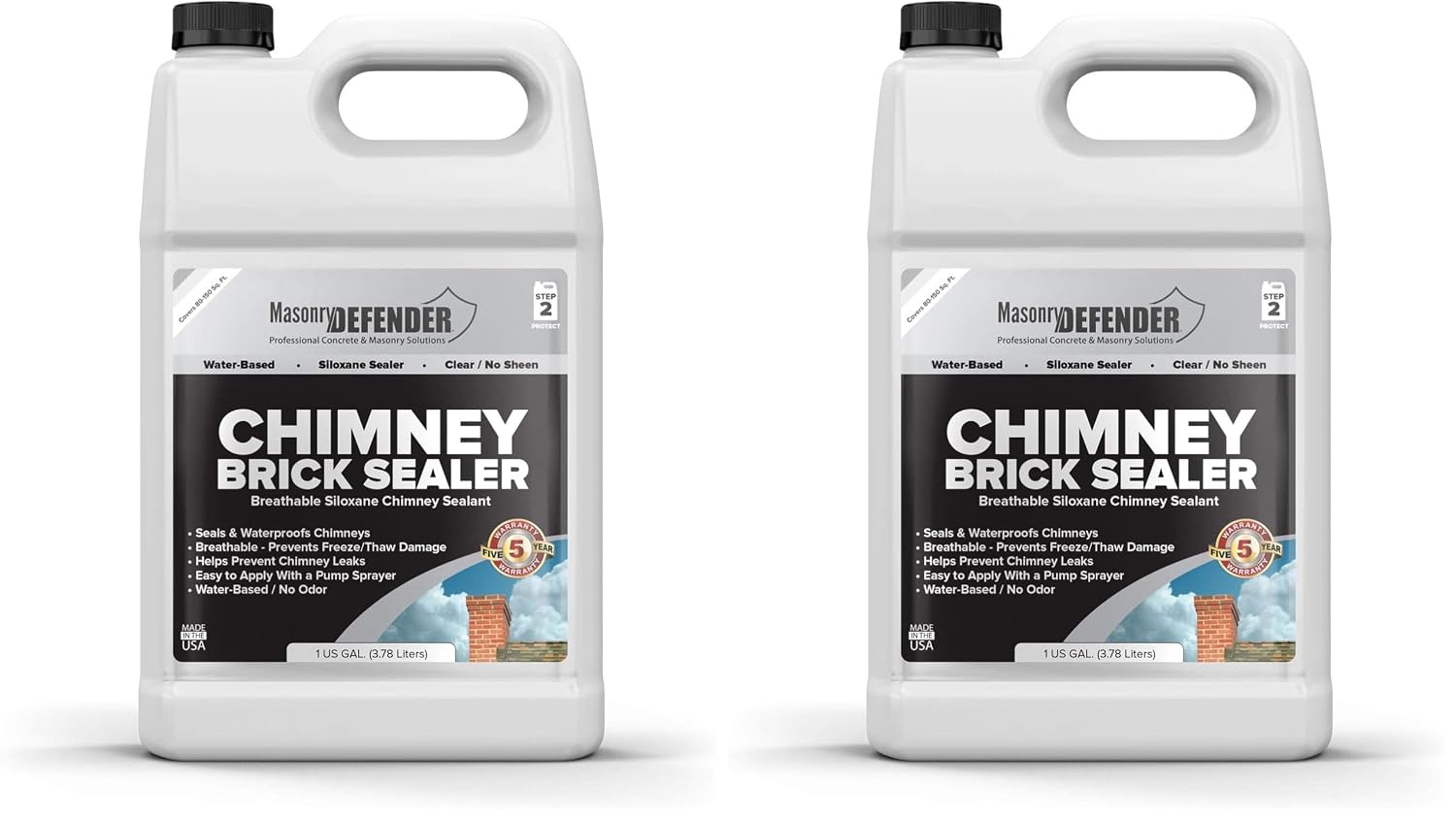 MasonryDefender Chimney Brick Sealer, Clear Water-Based Siloxane Sealer - Breathable Waterproofer For All Exterior, Vertical Masonry Surfaces - 1 Gal